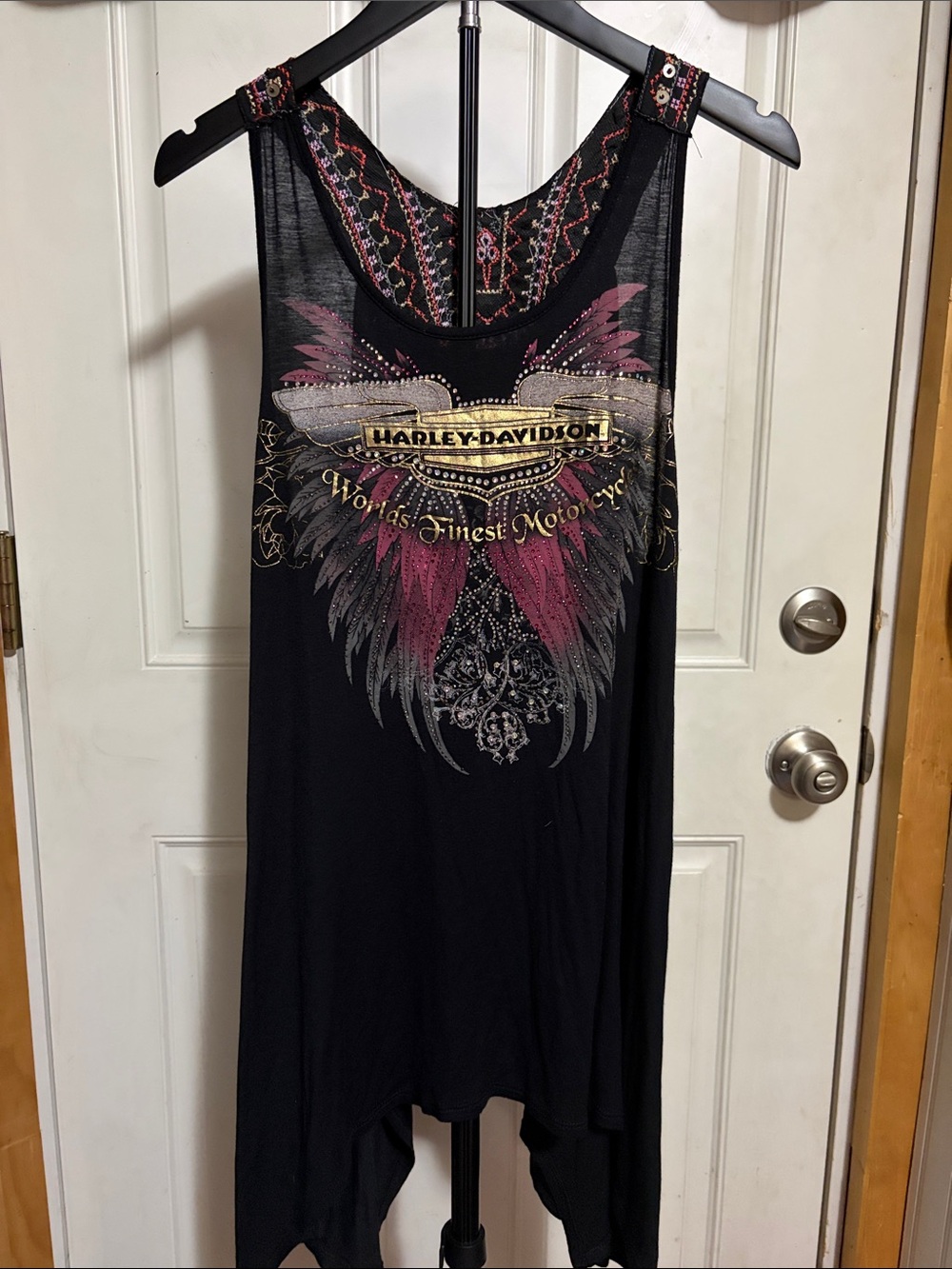 Harley Davidson Pink Wing Graphic Sequin Rhinestone Tank Top